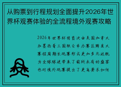从购票到行程规划全面提升2026年世界杯观赛体验的全流程境外观赛攻略 从购票到行程规划全面提升2026年世界杯观赛体验的全流程境外观赛攻略